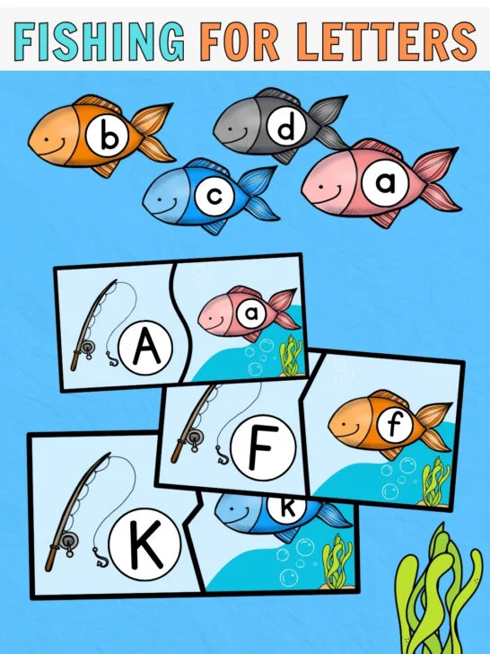 Text at top says Free Printable Fishing for Letters. Mockup of fish themed letter match puzzle cards on a blue background.