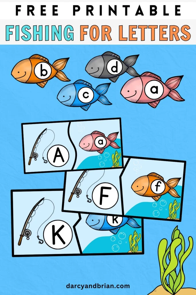 Text at top says Free Printable Fishing for Letters. Mockup of fish themed letter match puzzle cards on a blue background.