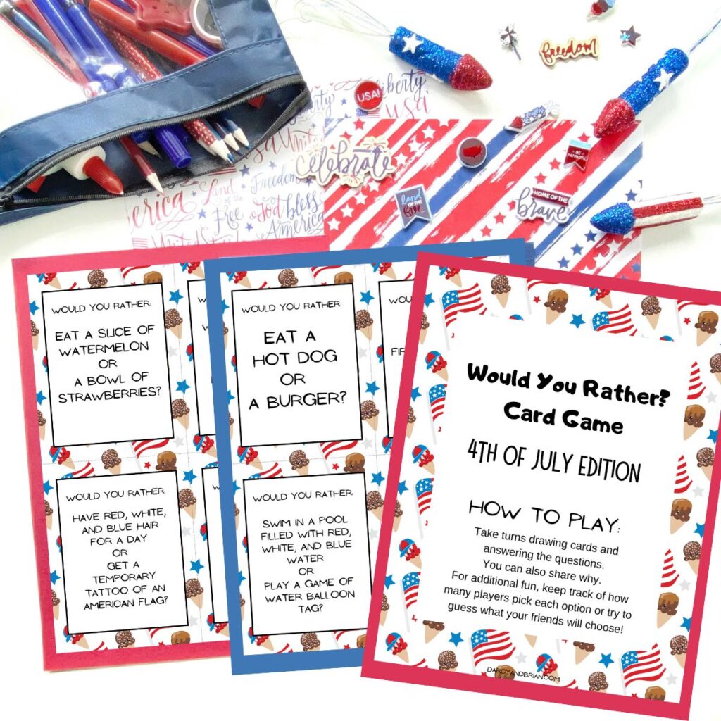 3 pages of printable would you rather game for Fourth of July fanned out on top of red and blue construction paper. First page is cover sheet and directions.