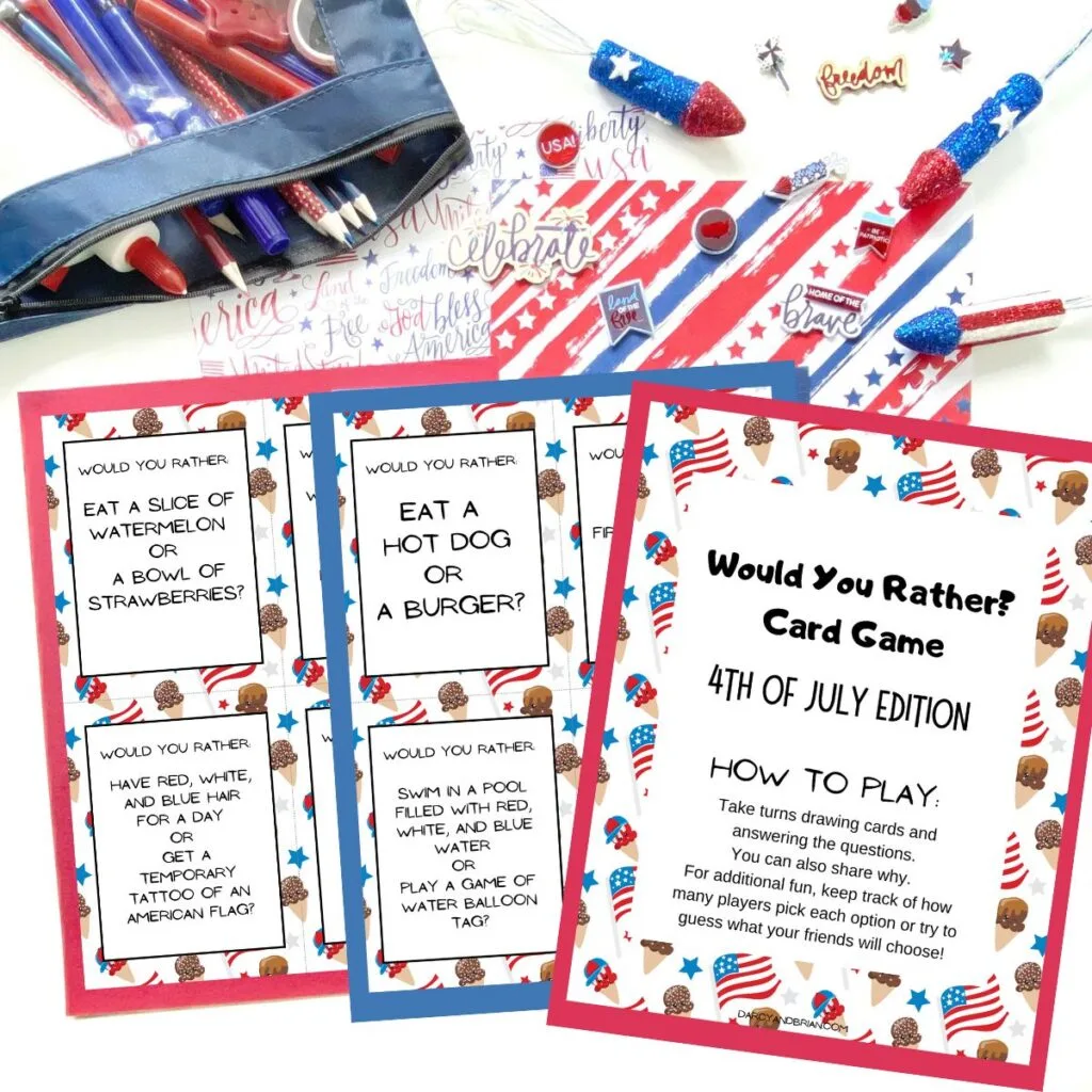 3 pages of printable would you rather game for Fourth of July fanned out on top of red and blue construction paper. First page is cover sheet and directions.