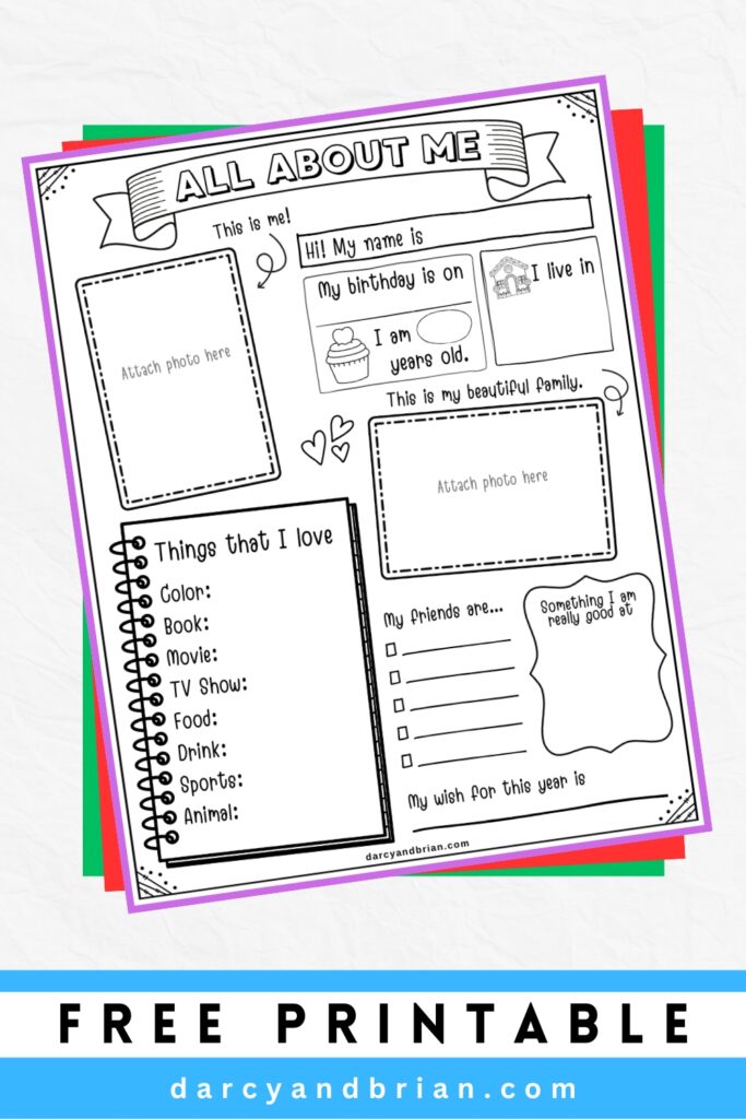 Fun classroom activity for kids to interview themselves or other classmates. Mockup of page on white background with red and green papers underneath.