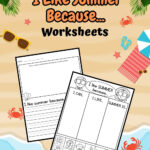Both pages for summer writing prompt about why kids like the season on a beach background.
