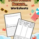 Both pages for summer writing prompt about why kids like the season on a beach background.