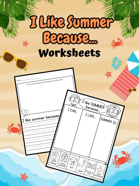 Both pages for summer writing prompt about why kids like the season on a beach background.