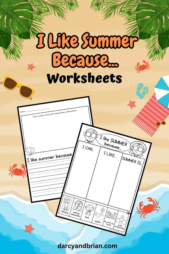 Both pages for summer writing prompt about why kids like the season on a beach background.