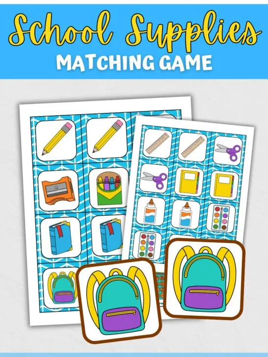 Black, yellow, and white text at top says Free Printable School Supplies Matching Game. Mockup of colorful game cards with various school items.
