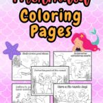 Mockup of five coloring pages with underwater scenes featuring mermaids on a blue and pink gradient background decorated with a scale pattern.