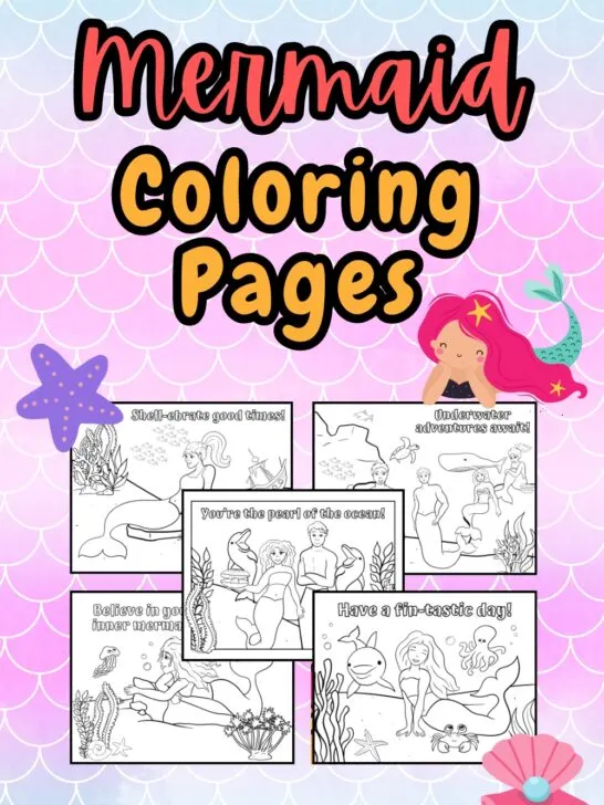 Mockup of five coloring pages with underwater scenes featuring mermaids on a blue and pink gradient background decorated with a scale pattern.