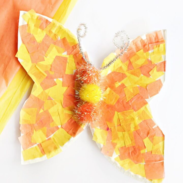 Orange and yellow tissue paper used to create a butterfly craft out of paper plates.