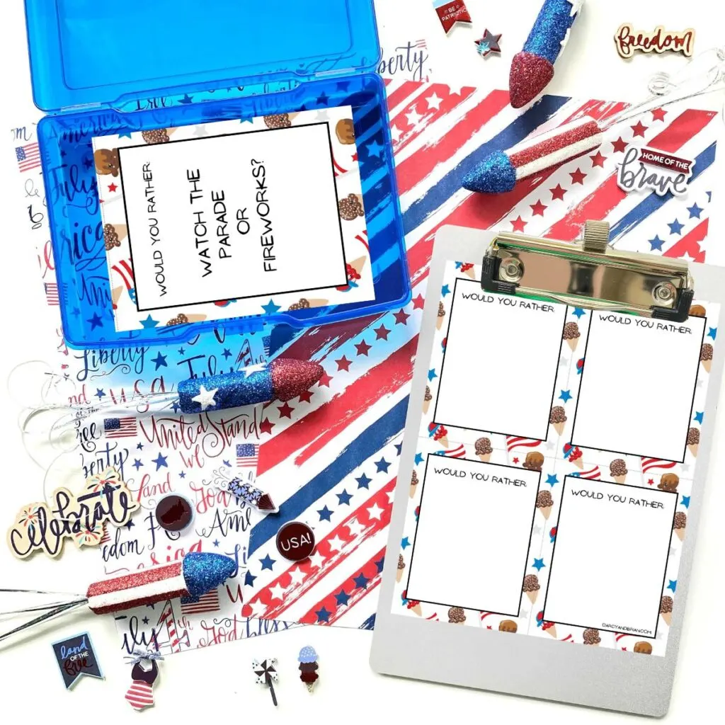 Blank patriotic card page on gray clipboard. Would you rather question cards in blue task box.