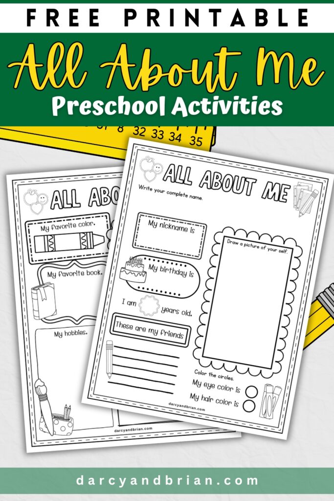 Mockup showing two pages with space for preschoolers to draw a picture of themselves and about their favorite things.