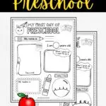 Preview of two versions of the preschool first day of school worksheet. Top text says Free Printable My First Day of Preschool.