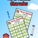 Preview of two pages of charades acting prompts with a farm animal theme on a background of a barn, field, and blue sky.