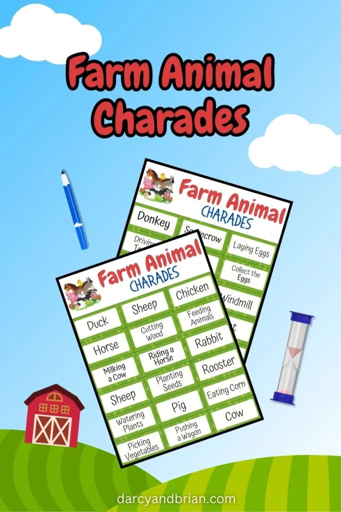 Preview of two pages of charades acting prompts with a farm animal theme on a background of a barn, field, and blue sky.