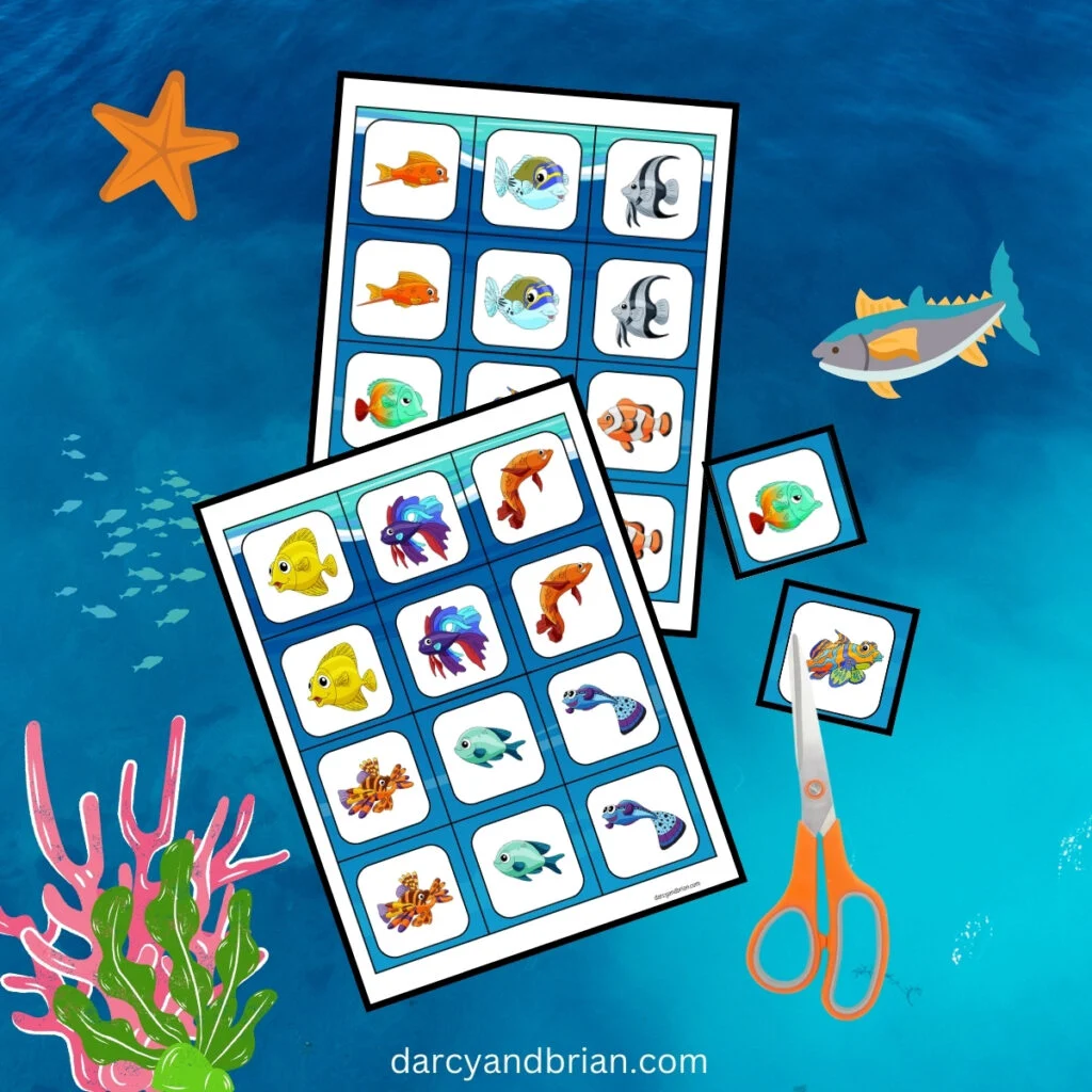 Two pages of colorful fish illustrations next to two cards cut out by scissors on an underwater background.