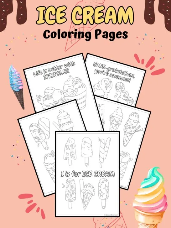 Mockup with five coloring pages featuring ice cream cones and small sundaes. Pages overlap on a pink background decorated with sprinkles, cones, and dripping fudge.