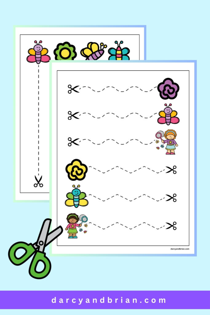 Pages with colorful butterflies and flowers next to dashed lines to practice cutting with scissors.