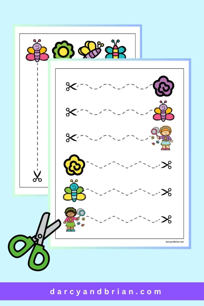 Pages with colorful butterflies and flowers next to dashed lines to practice cutting with scissors.