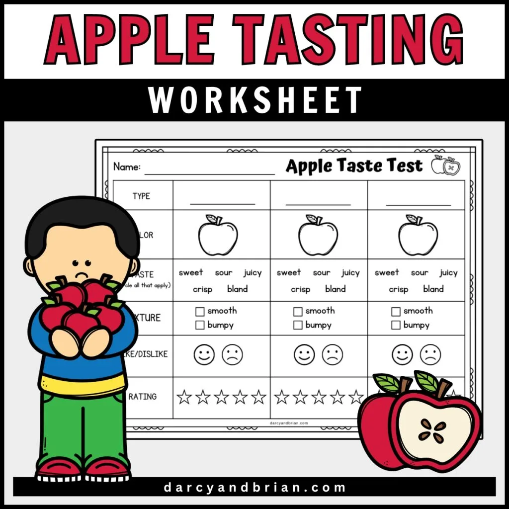 Text at top says Apple Tasting Worksheet. Mockup of activity sheet for recording apple sampling. Cute clipart of a person holding apples decorates the side of it.
