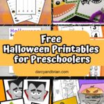 Collage of different printable activities with a Halloween theme such as scissors practice pages, matching game, lacing cards, and Halloween surprise foldable cards.