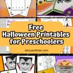 Collage of different printable activities with a Halloween theme such as scissors practice pages, matching game, lacing cards, and Halloween surprise foldable cards.