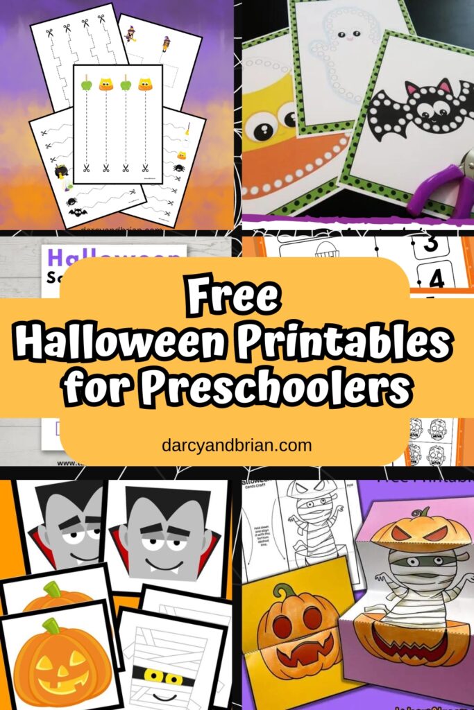 Collage of different printable activities with a Halloween theme such as scissors practice pages, matching game, lacing cards, and Halloween surprise foldable cards.