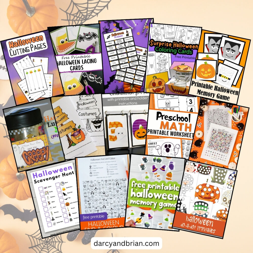 Collage of a variety of printable Halloween activities for preschool children on a themed background. There are games like bingo, memory matching, and Pictionary. There are lunch box notes, do a dot pages, math worksheets, and more.