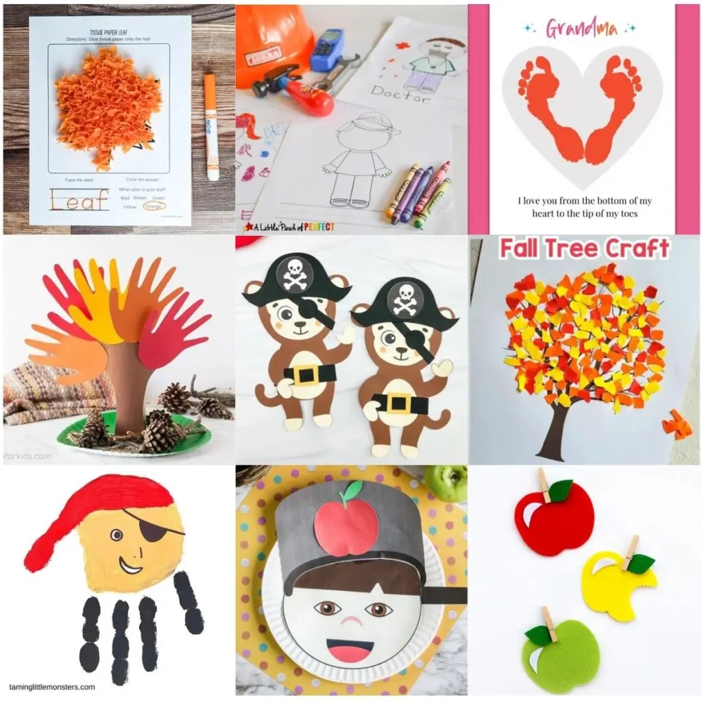 Square collage of nine different craft ideas that children can make during the month of September.