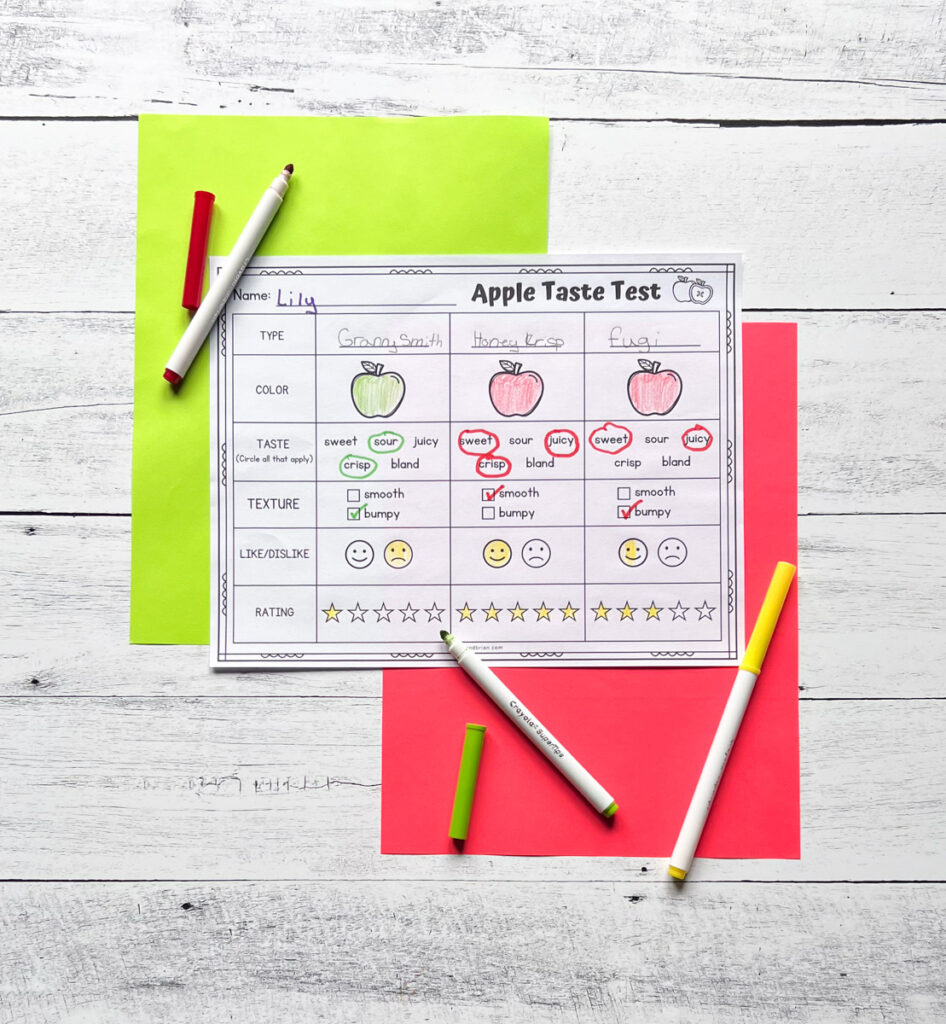 Worksheet filled out with information for three different apple varieties and how they look and taste.