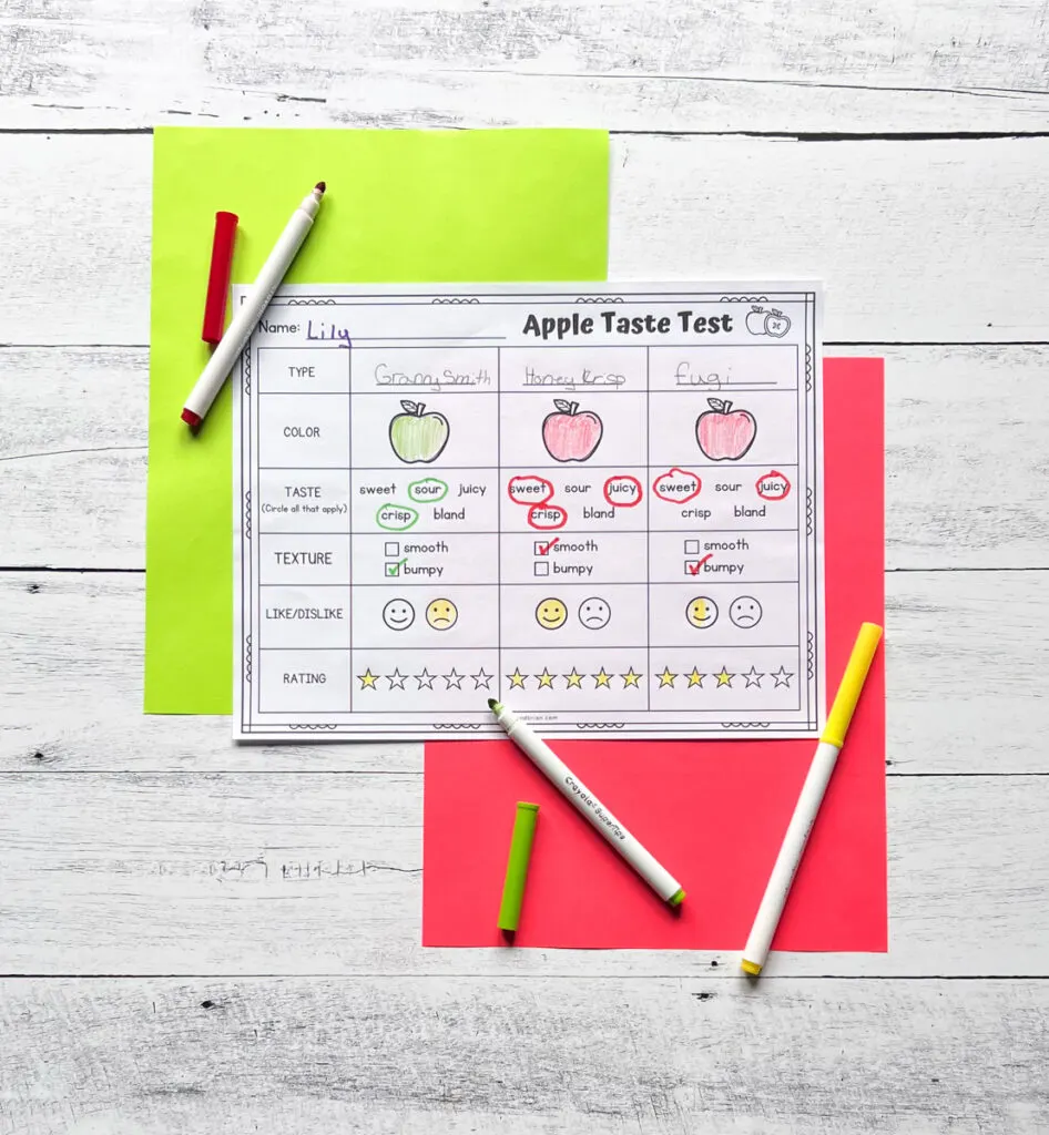 Worksheet filled out with information for three different apple varieties and how they look and taste.