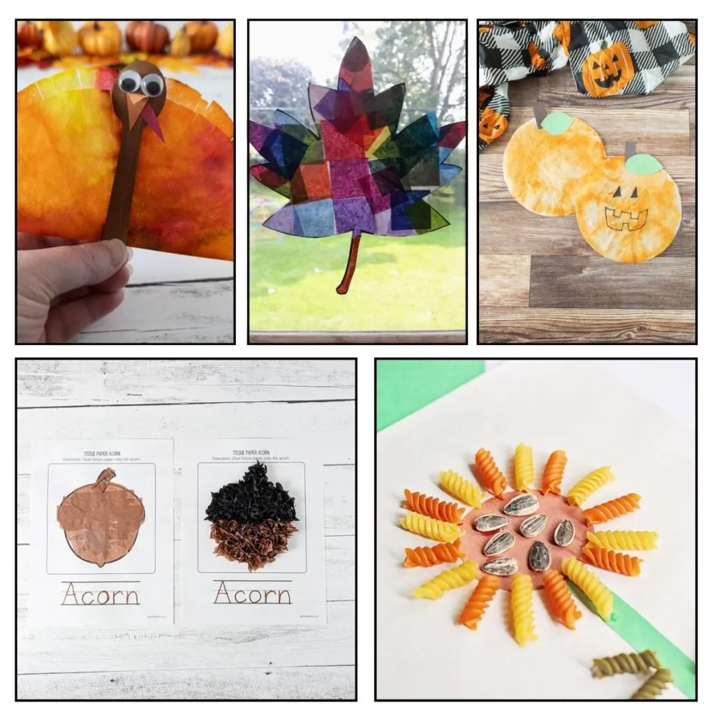 Collage of five different crafts perfect for fall. They include turkeys, leaves, acorns, pumpkins, and sunflowers.