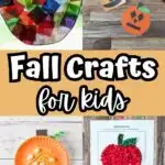Collage with an apple suncatcher, shape pumpkins, parts of a pumpkin, and apple tissue paper crafts.