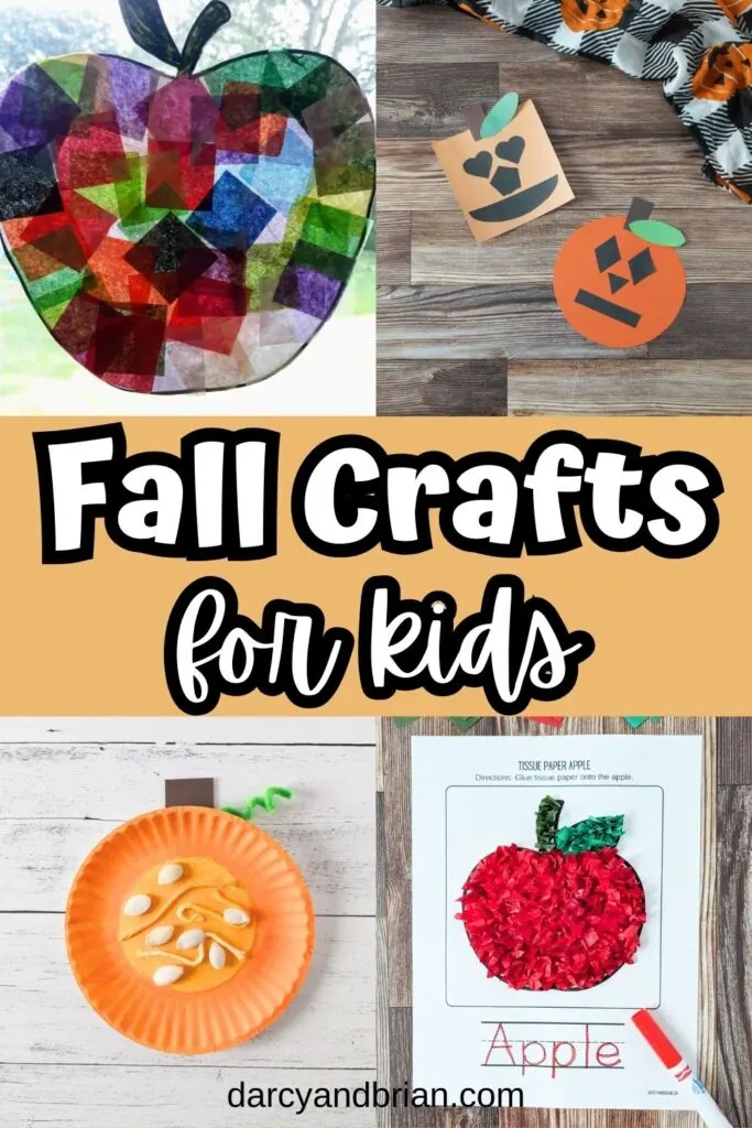 Collage with an apple suncatcher, shape pumpkins, parts of a pumpkin, and apple tissue paper crafts.
