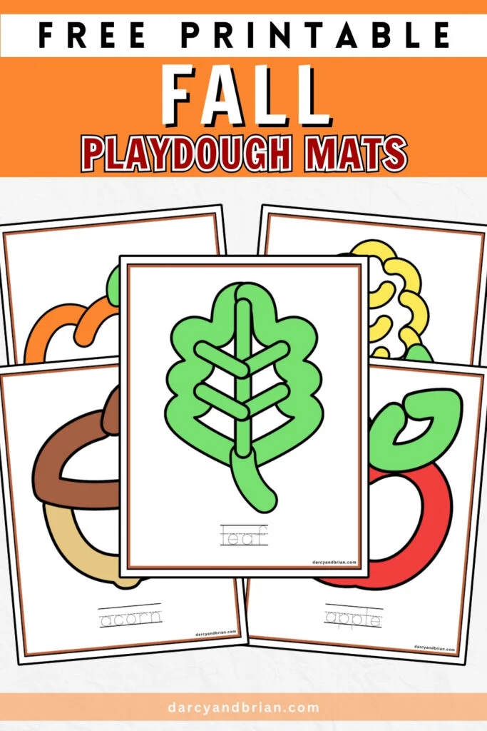 Text at the top says Free Printable Fall Playdough Mats on an orange background. Preview of the color version of five mats.