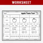 Text at the top on a red background says Free Printable Apple Tasting Worksheet. Digital preview of the worksheet below that.