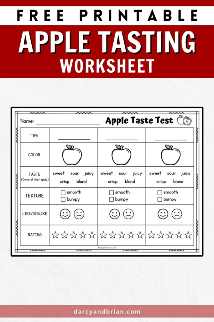 Text at the top on a red background says Free Printable Apple Tasting Worksheet. Digital preview of the worksheet below that.