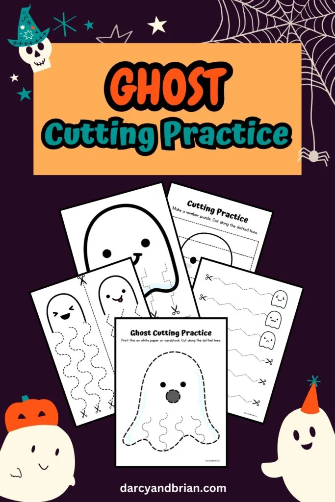 Orange and teal text near top says Ghost Cutting Practice. Preview of five worksheets overlaping on a dark background. Corners are decorated with cute ghost graphics.