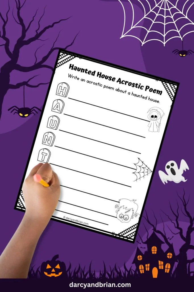 A single-page worksheet with Halloween-themed decorations and letters spell out "HAUNTED," with a writing space for an acrostic poem. It has eerie designs in the background.