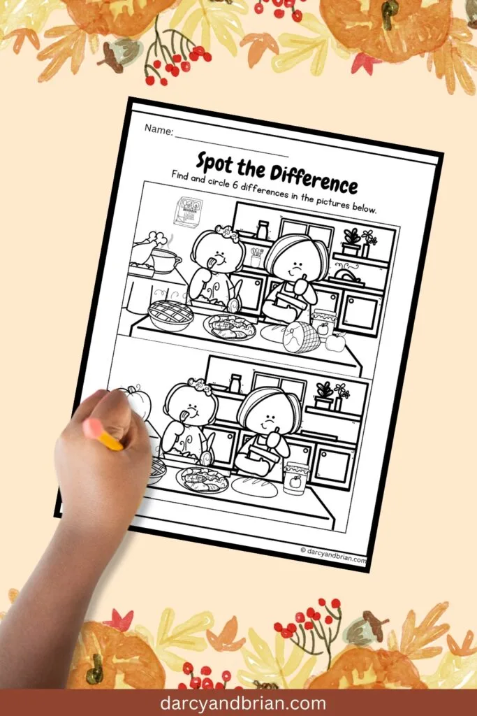 It has a worksheet to Spot the Difference of two pictures given where they have to find and circle. Placed in a pink background with few Thanksgiving-themed decorations.