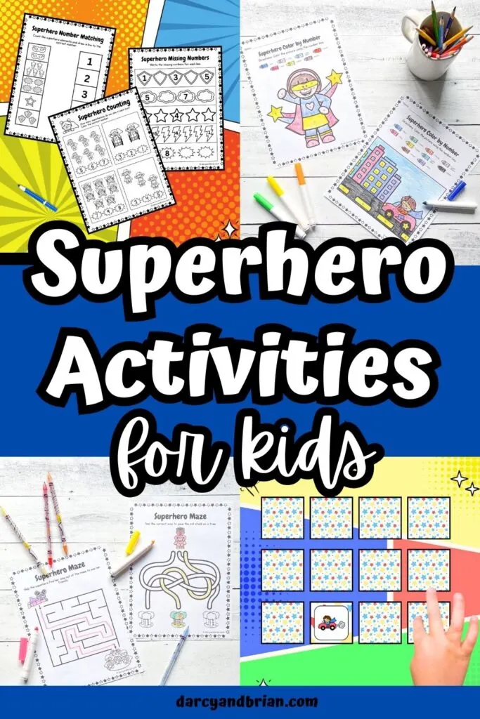 Collage of different activities for kids with a superhero theme including a matching game, coloring pages, mazes, and math worksheets.