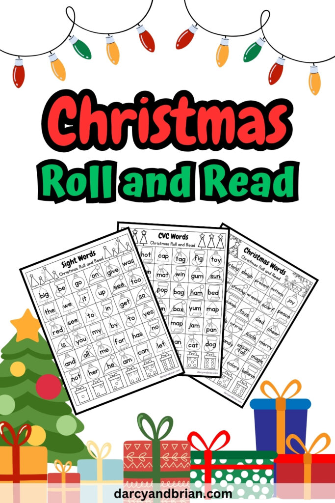 Three pages of CVC words with Christmas-themed decoration placed in a background with full of gifts, Christmas Tree, and colorful lights.